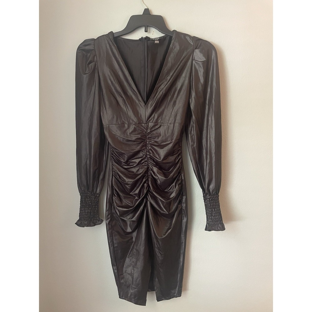 Privy Black Faux Leather Long Sleeve V Neck  Mini Bodycon‎ Dress Size S